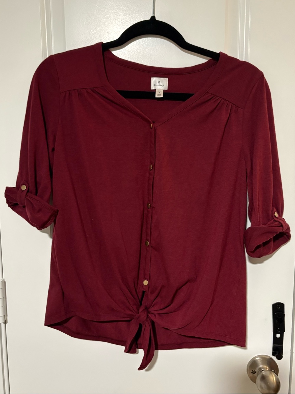 Dressbarn Burgundy Button Front Tie Hem Top Petite S
